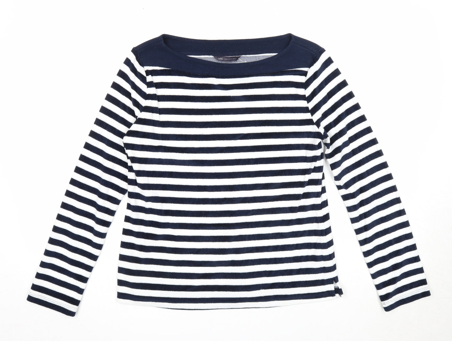 Marks and Spencer Womens Blue Boat Neck Striped Cotton Pullover Jumper Size 10