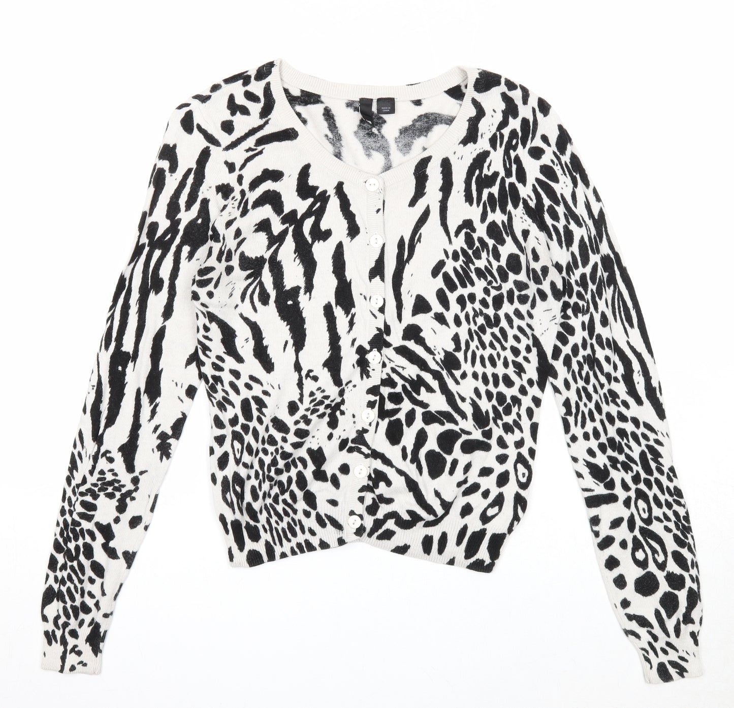 Divided by H&M Womens Grey V-Neck Animal Print Cotton Cardigan Jumper Size 10 - Tiger Print