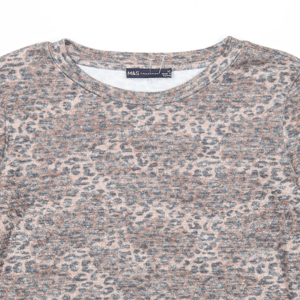 Marks and Spencer Womens Brown Round Neck Animal Print Viscose Pullover Jumper Size 10 - Leopard Pattern