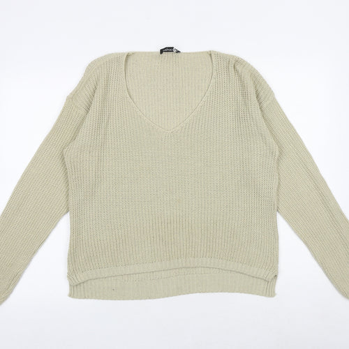 Boohoo Womens Beige V-Neck Acrylic Pullover Jumper Size M
