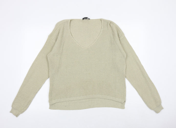 Boohoo Womens Beige V-Neck Acrylic Pullover Jumper Size M
