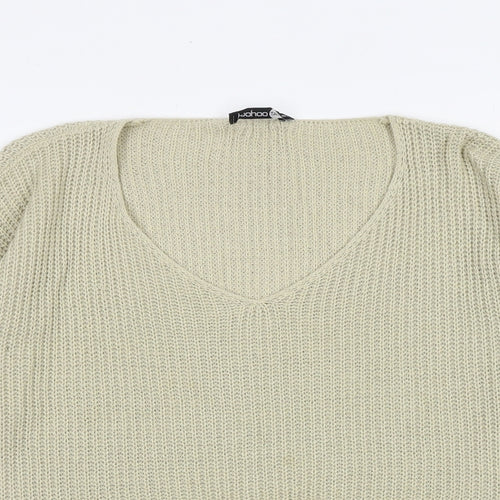 Boohoo Womens Beige V-Neck Acrylic Pullover Jumper Size M