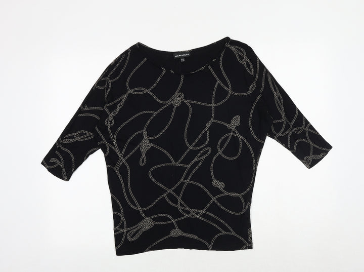 Warehouse Womens Black Geometric Viscose Basic Blouse Size 8 Round Neck