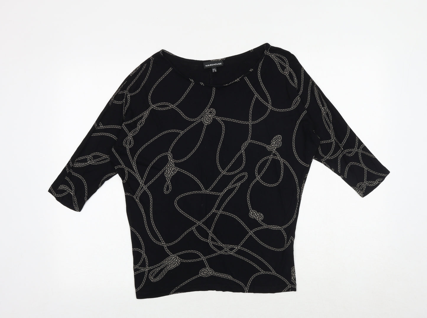 Warehouse Womens Black Geometric Viscose Basic Blouse Size 8 Round Neck