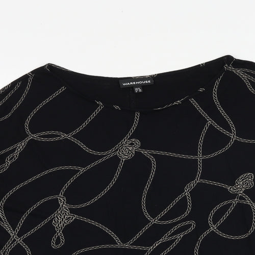 Warehouse Womens Black Geometric Viscose Basic Blouse Size 8 Round Neck