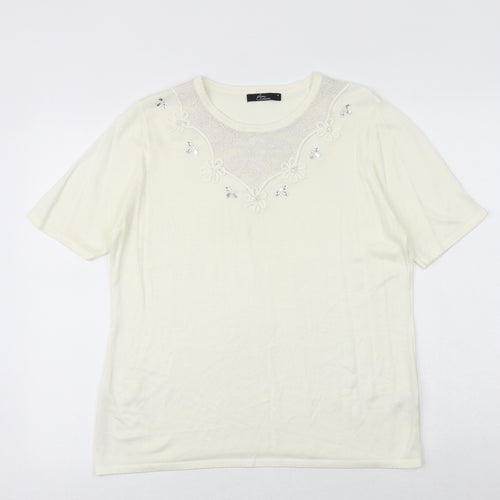 Bonmarché Womens Ivory Viscose Basic T-Shirt Size M Round Neck - Lace Details
