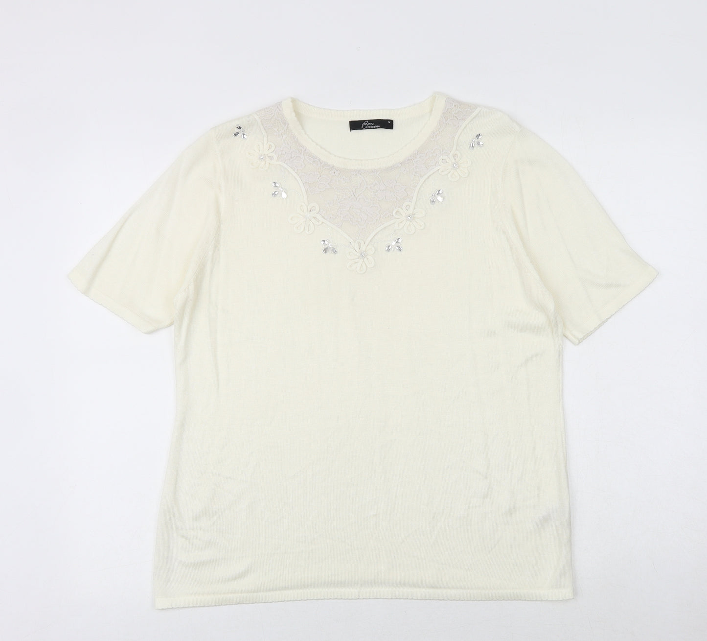 Bonmarché Womens Ivory Viscose Basic T-Shirt Size M Round Neck - Lace Details
