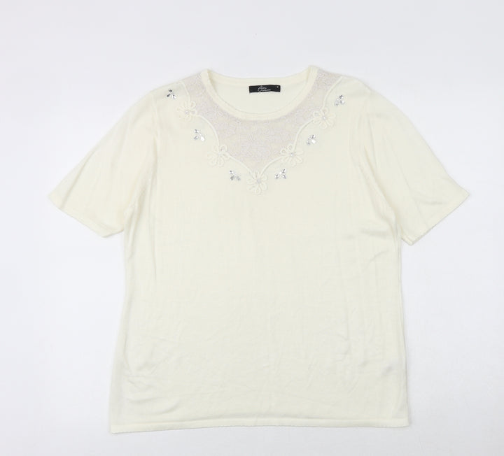 Bonmarché Womens Ivory Viscose Basic T-Shirt Size M Round Neck - Lace Details