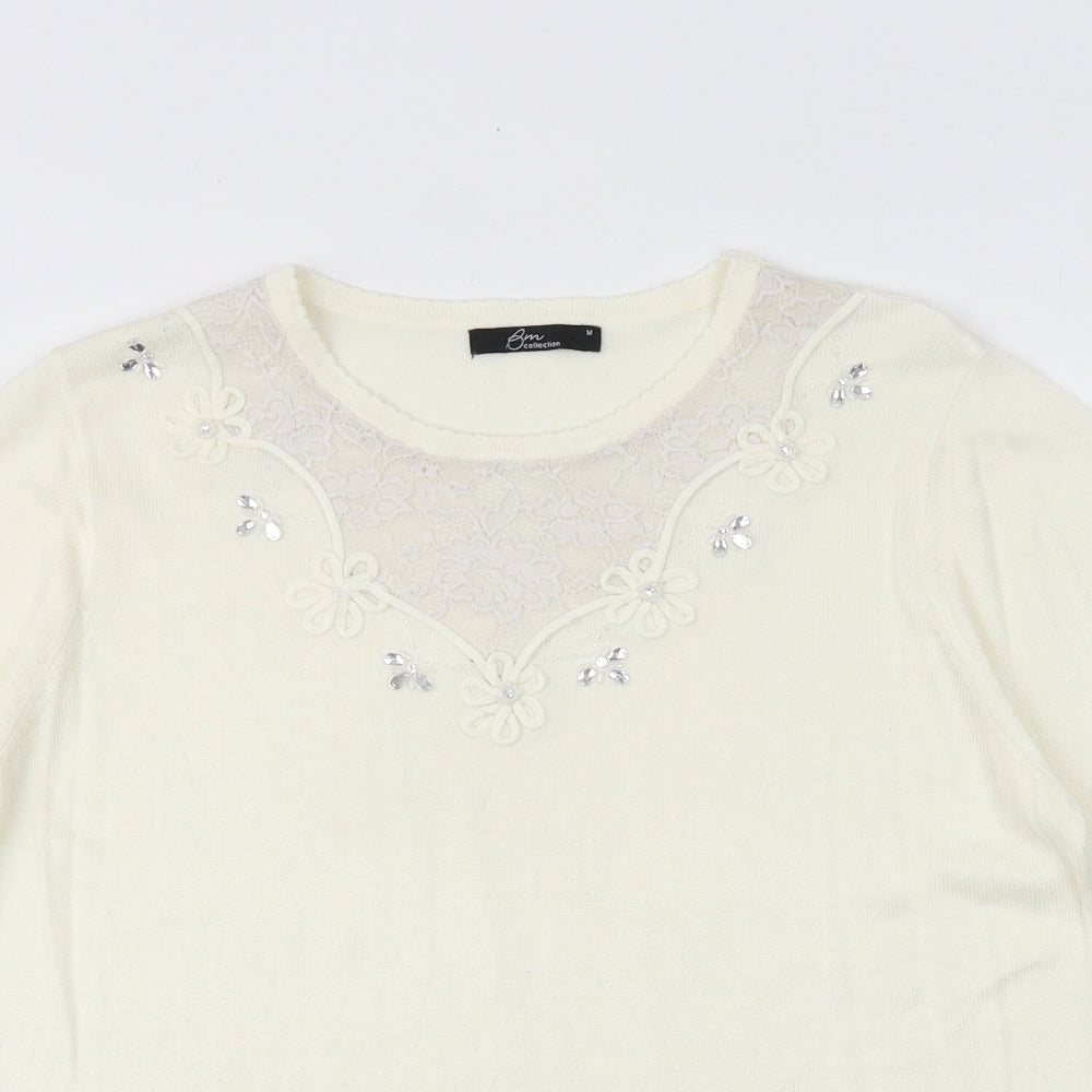 Bonmarché Womens Ivory Viscose Basic T-Shirt Size M Round Neck - Lace Details