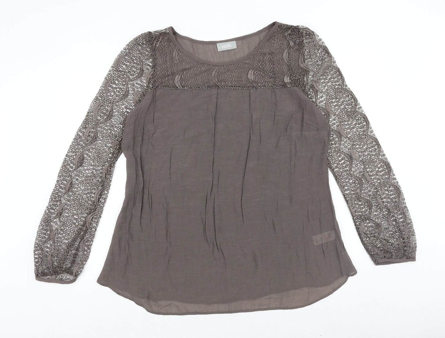 Wallis Womens Brown Viscose Basic Blouse Size L Round Neck - Lace Details