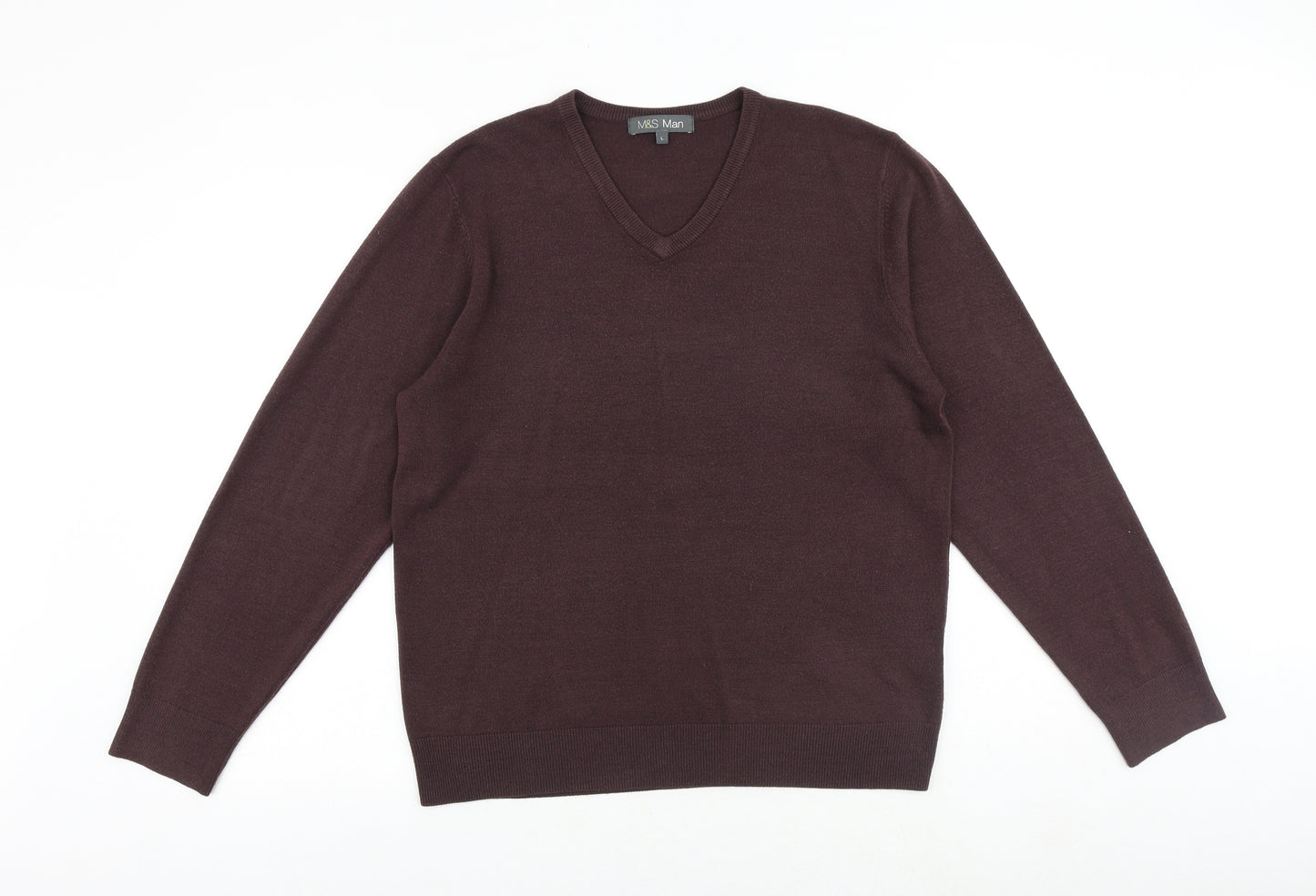 Marks and Spencer Mens Brown V-Neck Acrylic Pullover Jumper Size L Long Sleeve