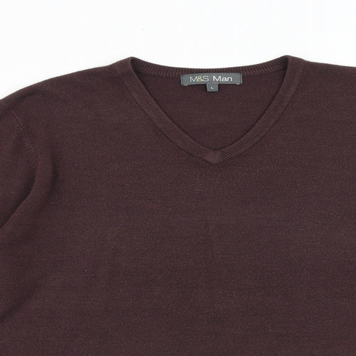 Marks and Spencer Mens Brown V-Neck Acrylic Pullover Jumper Size L Long Sleeve