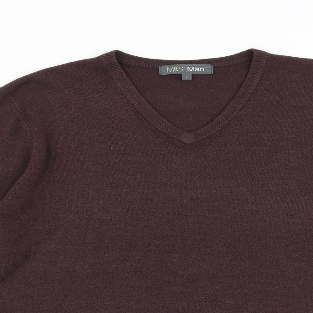 Marks and Spencer Mens Brown V-Neck Acrylic Pullover Jumper Size L Long Sleeve