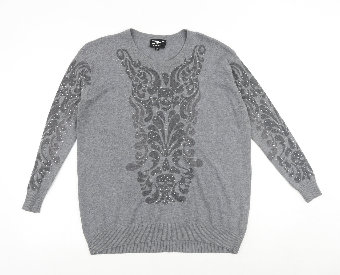 Y London Womens Grey Round Neck Geometric Acrylic Pullover Jumper Size S