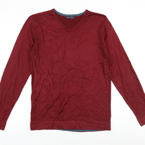 West Rock Mens Red V-Neck Acrylic Pullover Jumper Size S Long Sleeve