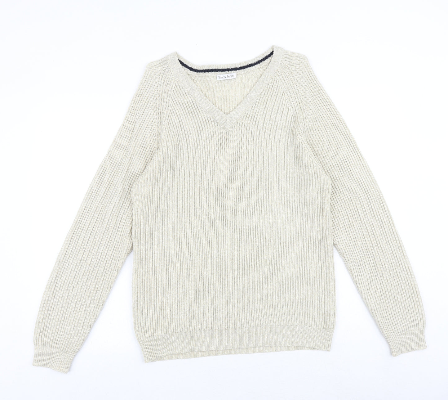 Simon Taylor Mens Beige V-Neck Acrylic Pullover Jumper Size S Long Sleeve