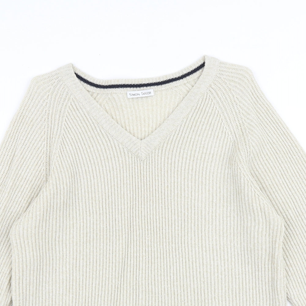 Simon Taylor Mens Beige V-Neck Acrylic Pullover Jumper Size S Long Sleeve