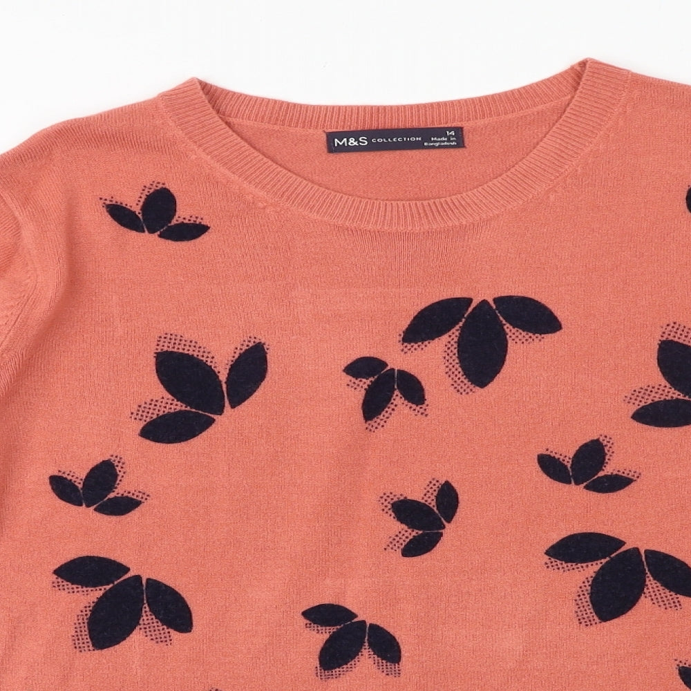 Marks and Spencer Womens Pink Round Neck Floral Acrylic Pullover Jumper Size 14
