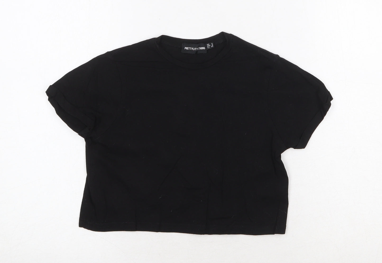 PRETTYLITTLETHING Womens Black Cotton Cropped T-Shirt Size 4 Round Neck