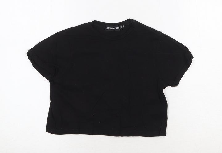 PRETTYLITTLETHING Womens Black Cotton Cropped T-Shirt Size 4 Round Neck