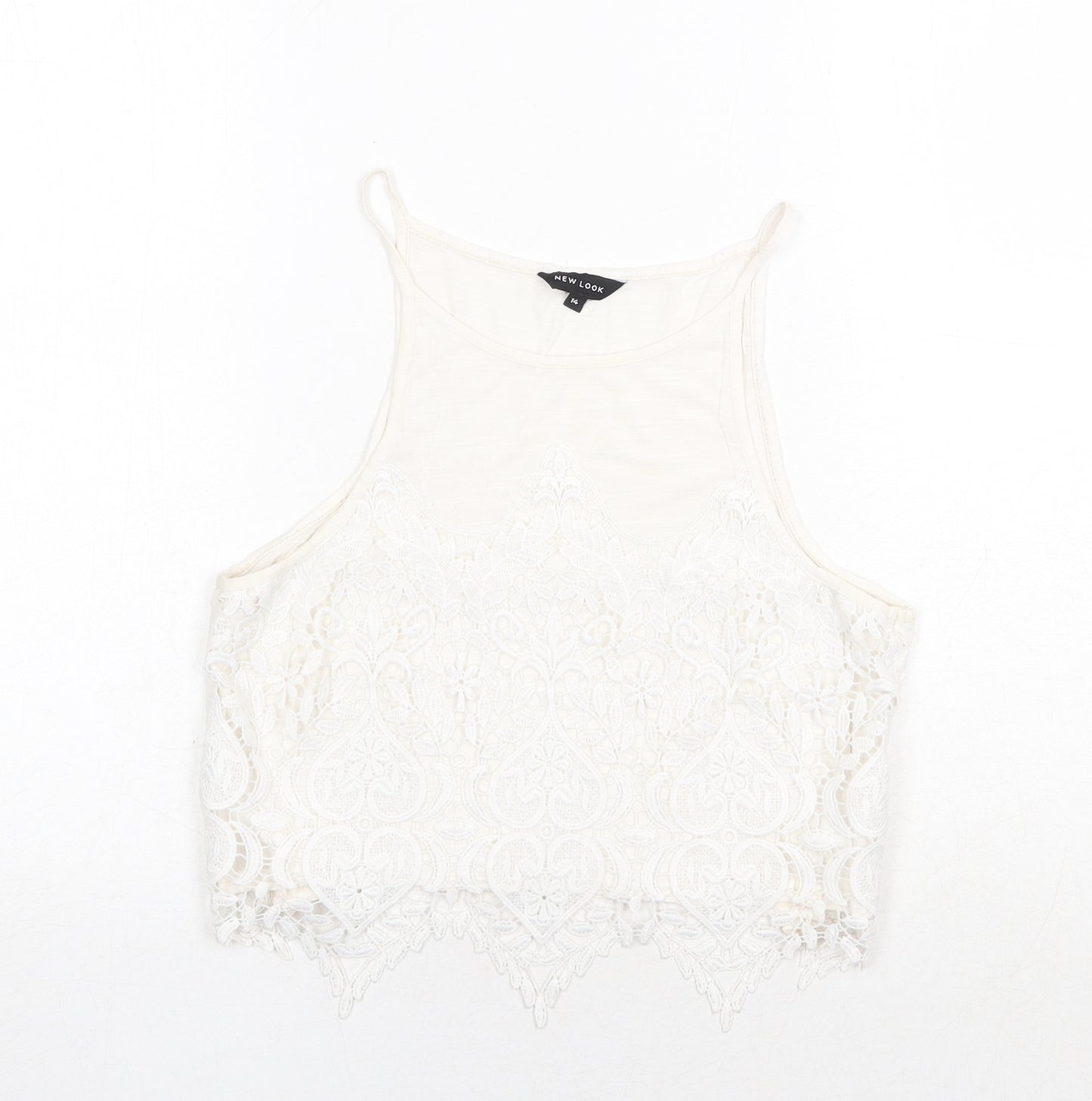 New Look Womens White Geometric Viscose Cropped Tank Size 14 Round Neck