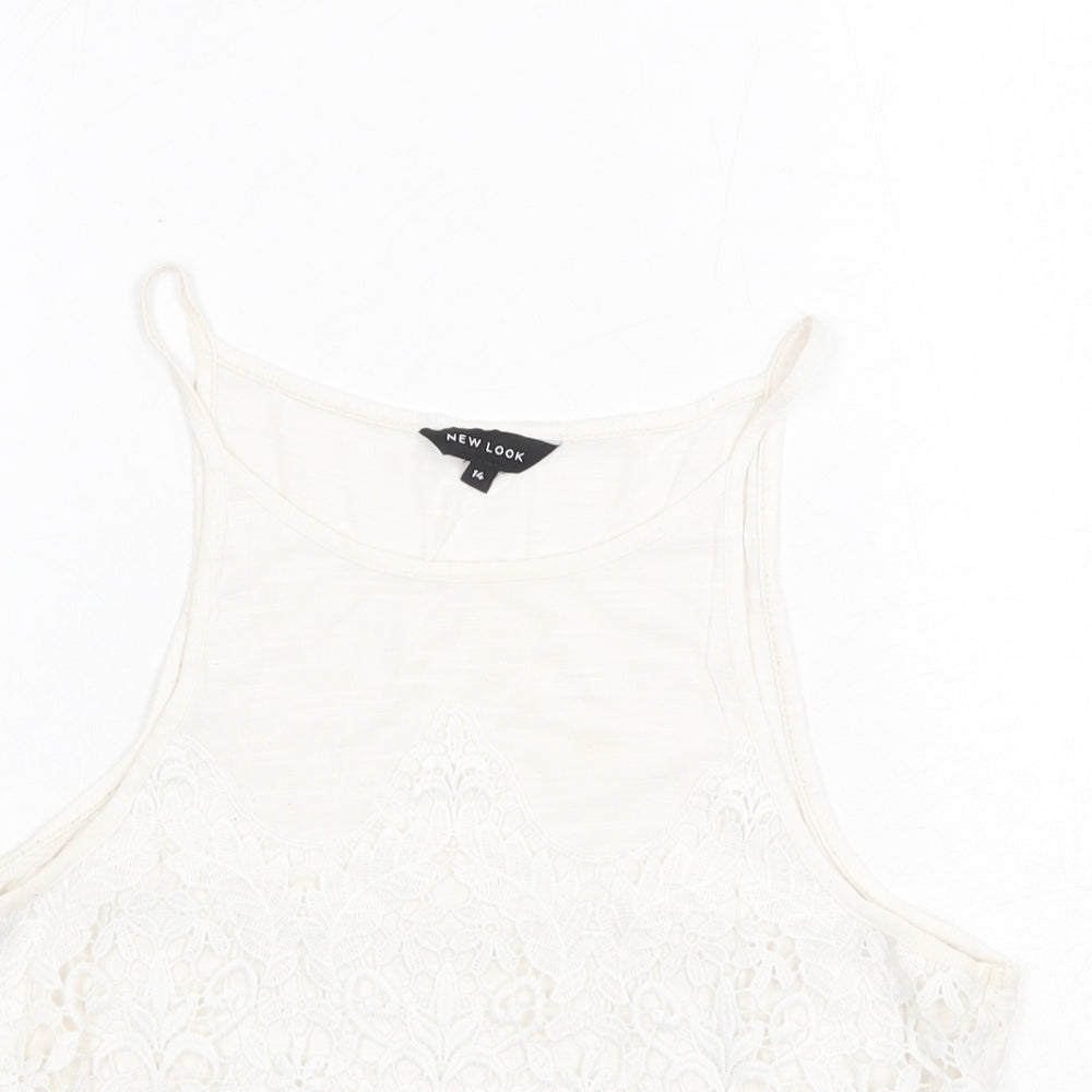 New Look Womens White Geometric Viscose Cropped Tank Size 14 Round Neck