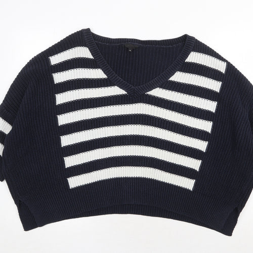 River Island Womens Blue V-Neck Striped Cotton Pullover Jumper Size 10