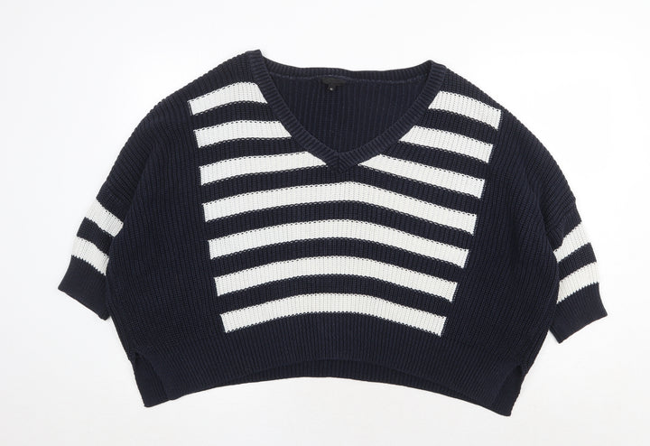 River Island Womens Blue V-Neck Striped Cotton Pullover Jumper Size 10