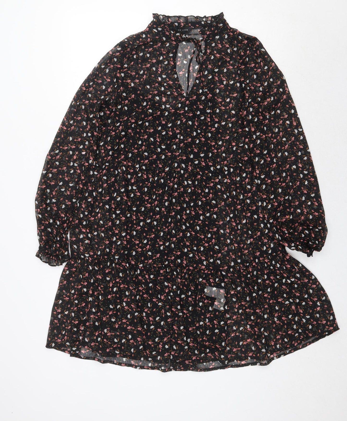 New Look Womens Black Floral Polyester Trapeze & Swing Size 10 V-Neck Tie