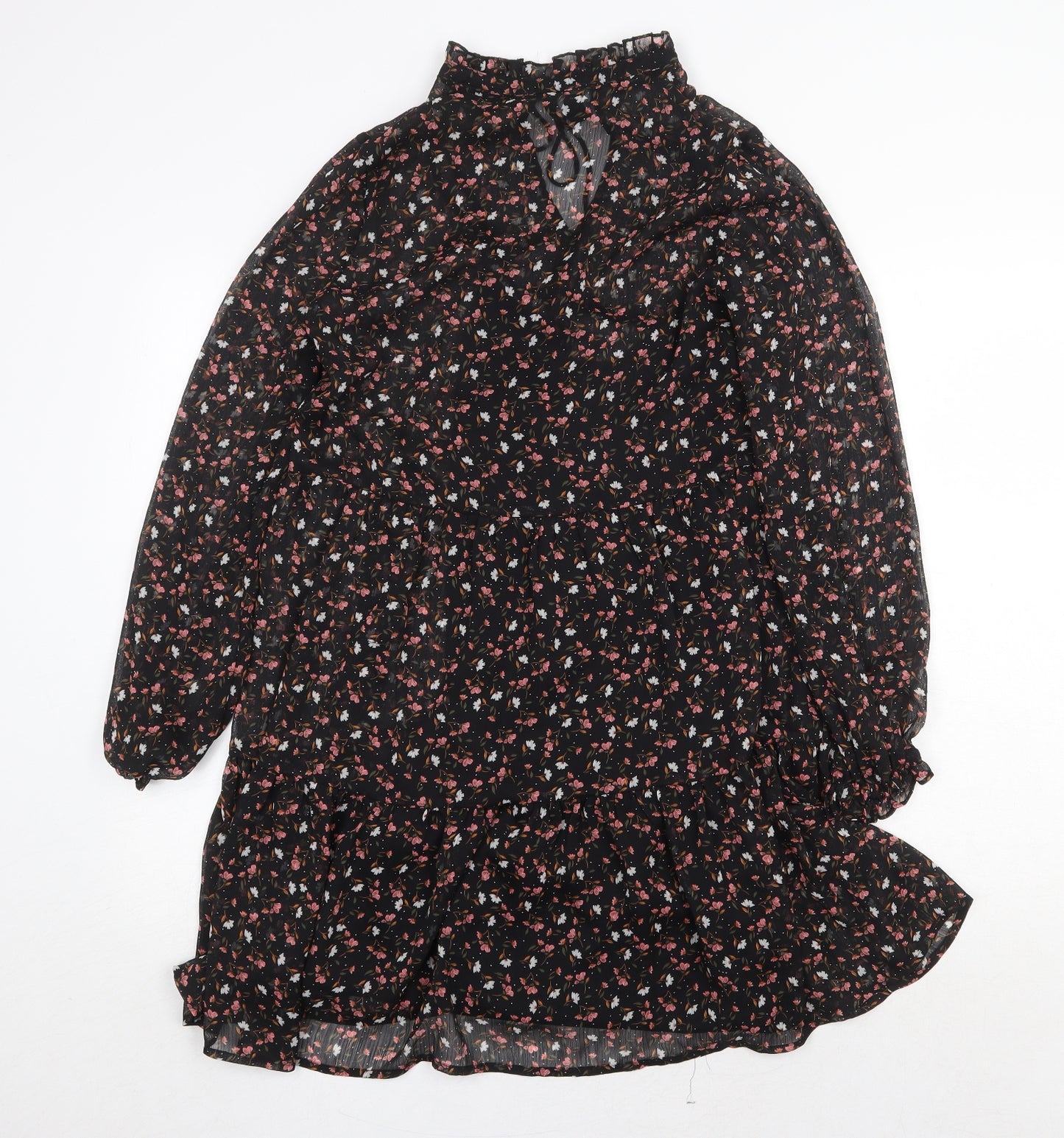 New Look Womens Black Floral Polyester Trapeze & Swing Size 10 V-Neck Tie