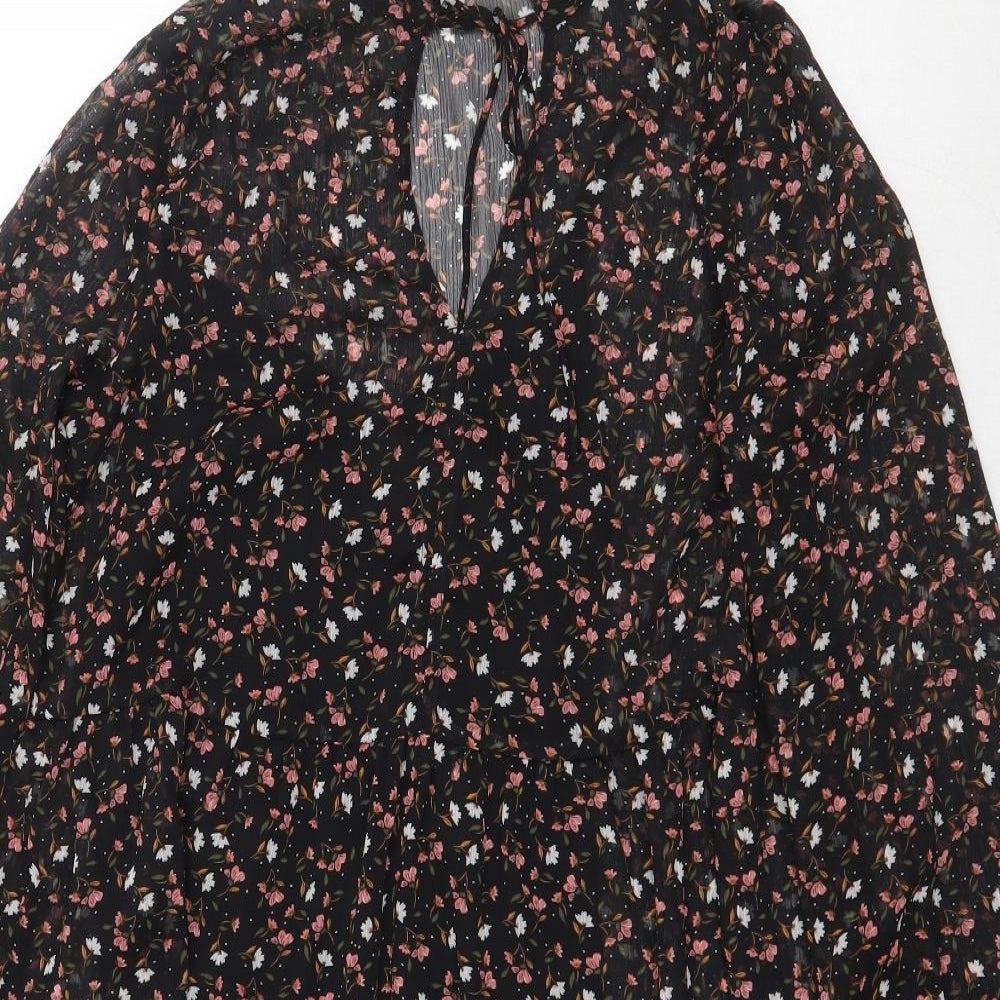 New Look Womens Black Floral Polyester Trapeze & Swing Size 10 V-Neck Tie