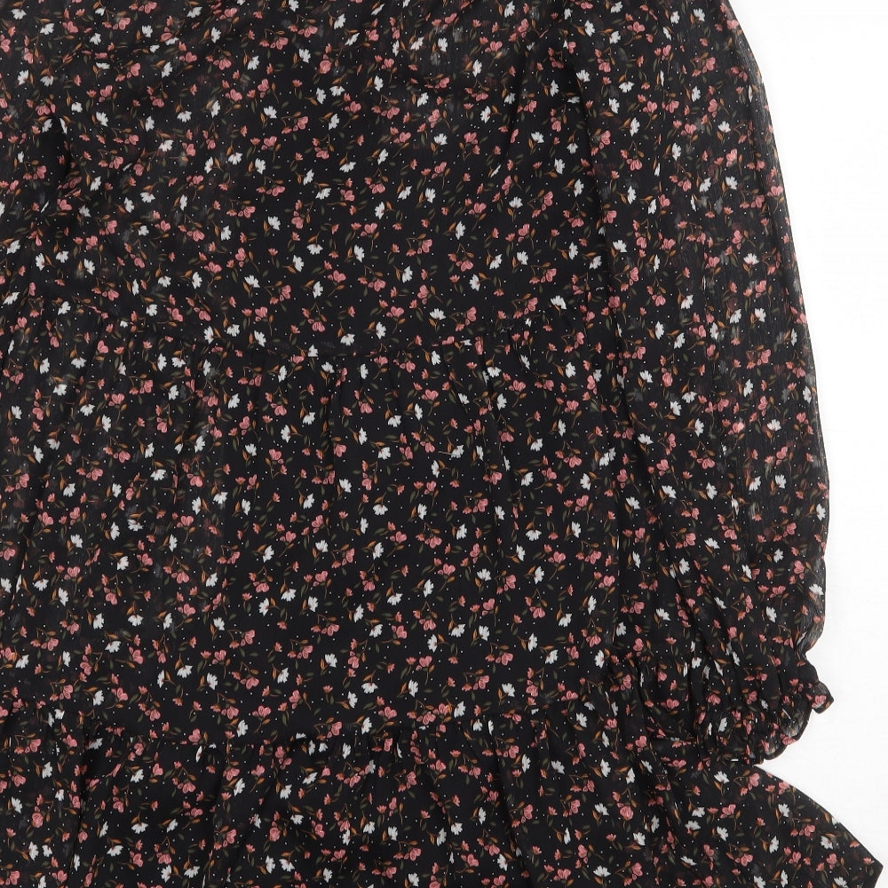 New Look Womens Black Floral Polyester Trapeze & Swing Size 10 V-Neck Tie