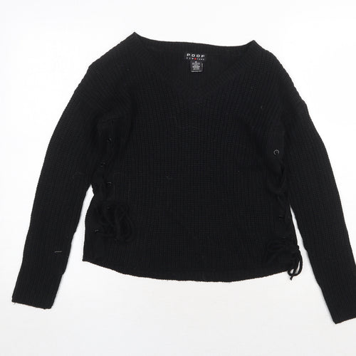 Poof Womens Black V-Neck Cotton Pullover Jumper Size M