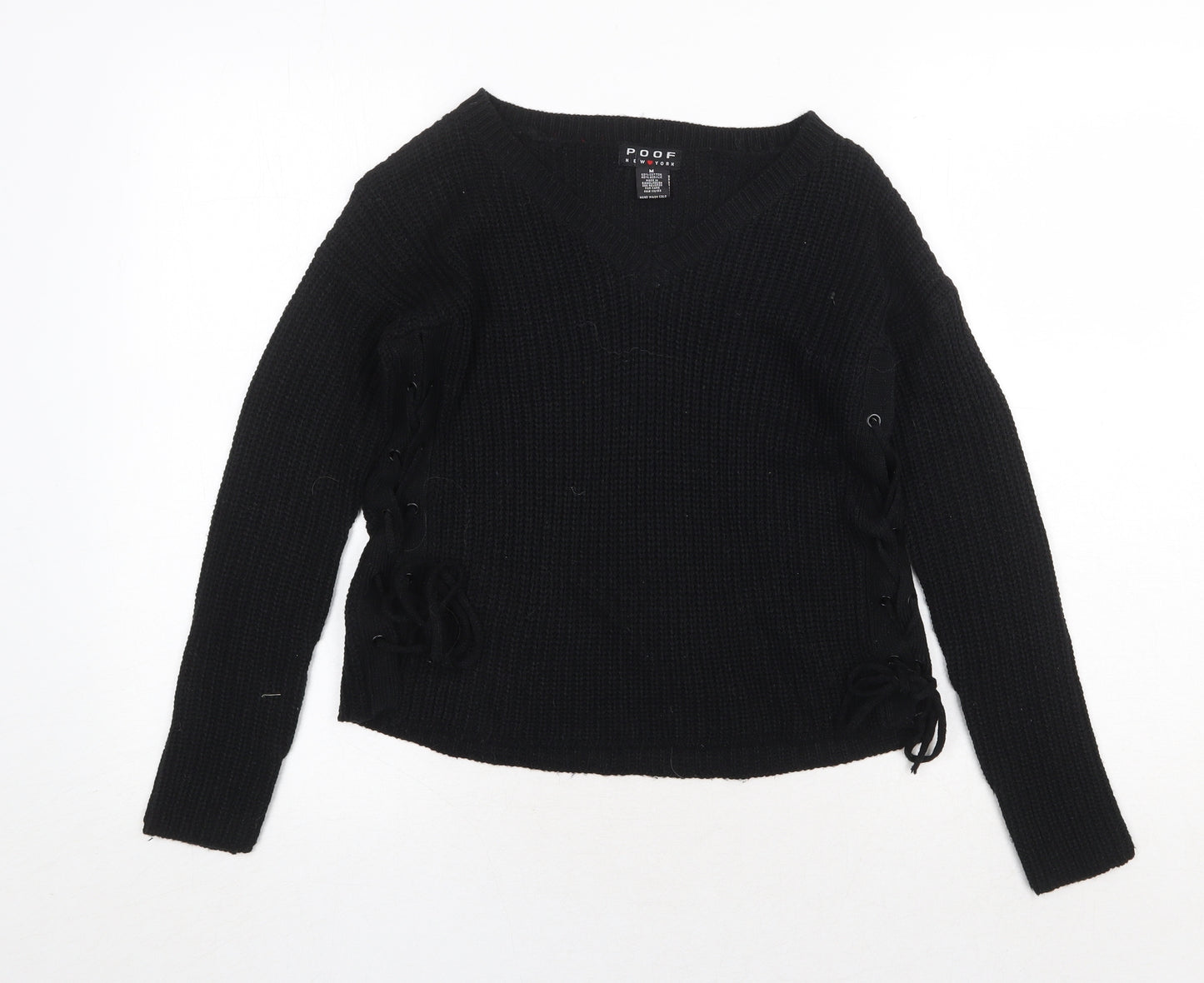 Poof Womens Black V-Neck Cotton Pullover Jumper Size M