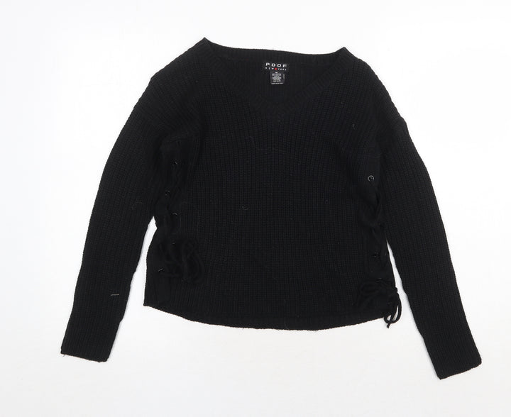 Poof Womens Black V-Neck Cotton Pullover Jumper Size M