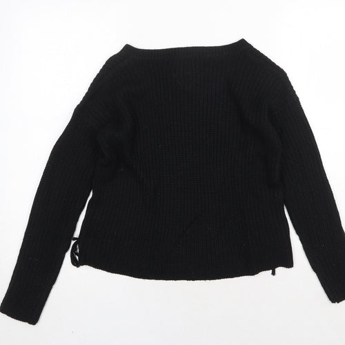 Poof Womens Black V-Neck Cotton Pullover Jumper Size M