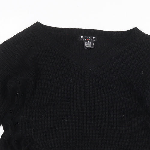 Poof Womens Black V-Neck Cotton Pullover Jumper Size M