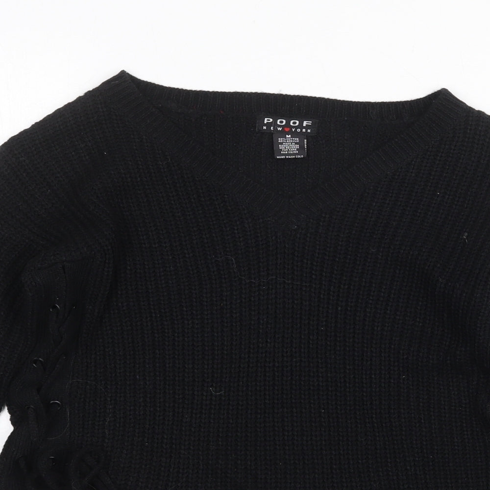 Poof Womens Black V-Neck Cotton Pullover Jumper Size M