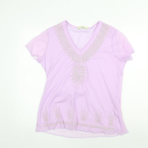 Classics Womens Purple Polyamide Basic T-Shirt Size 14 V-Neck