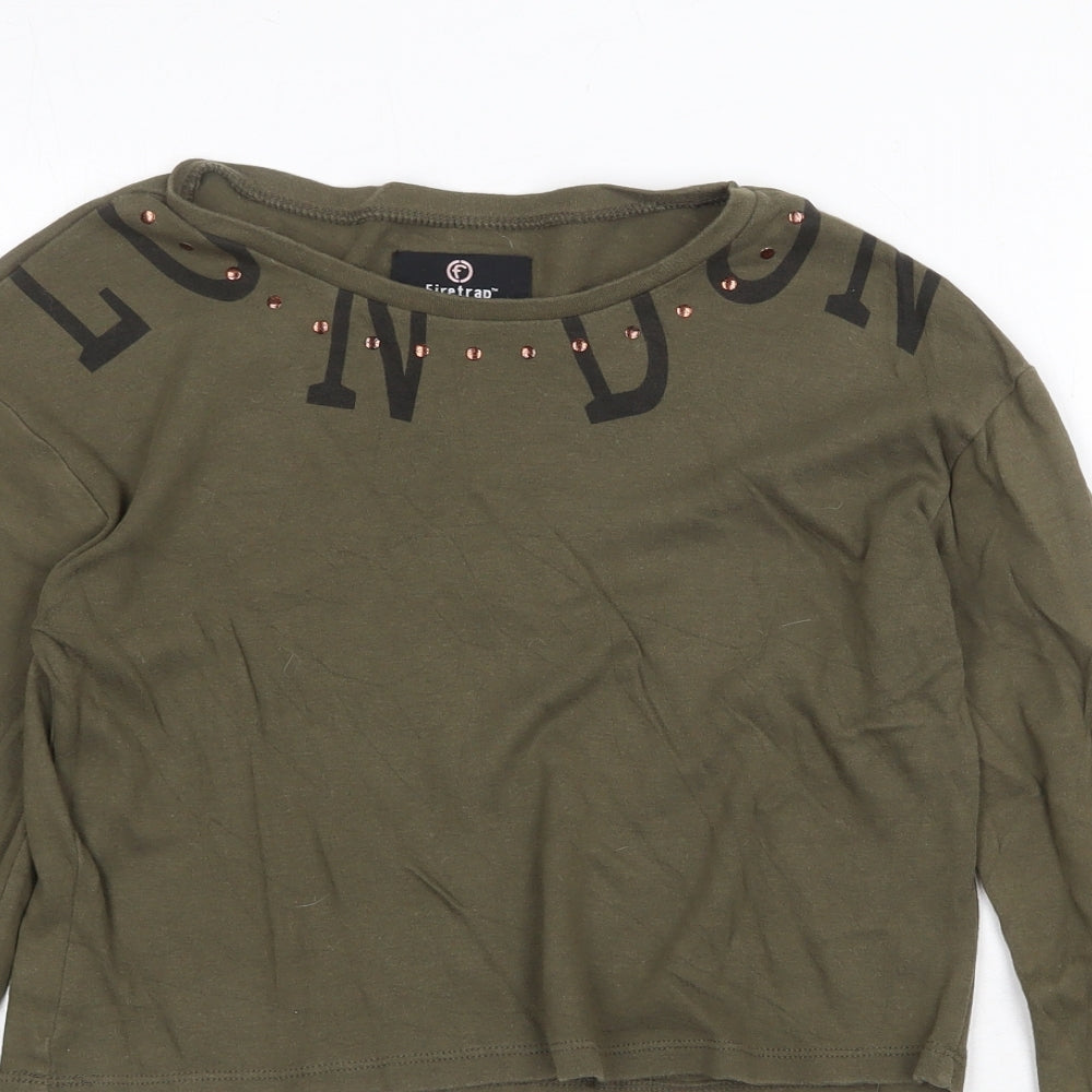 Firetrap Girls Green Cotton Basic T-Shirt Size 13 Years Round Neck Pullover