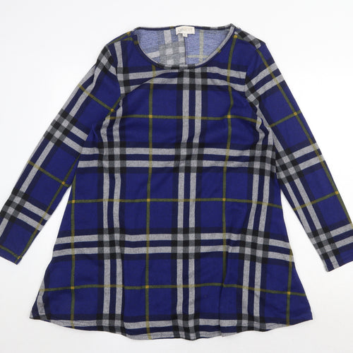 Apricot Womens Blue Plaid Polyester Trapeze & Swing Size 12 Round Neck Pullover