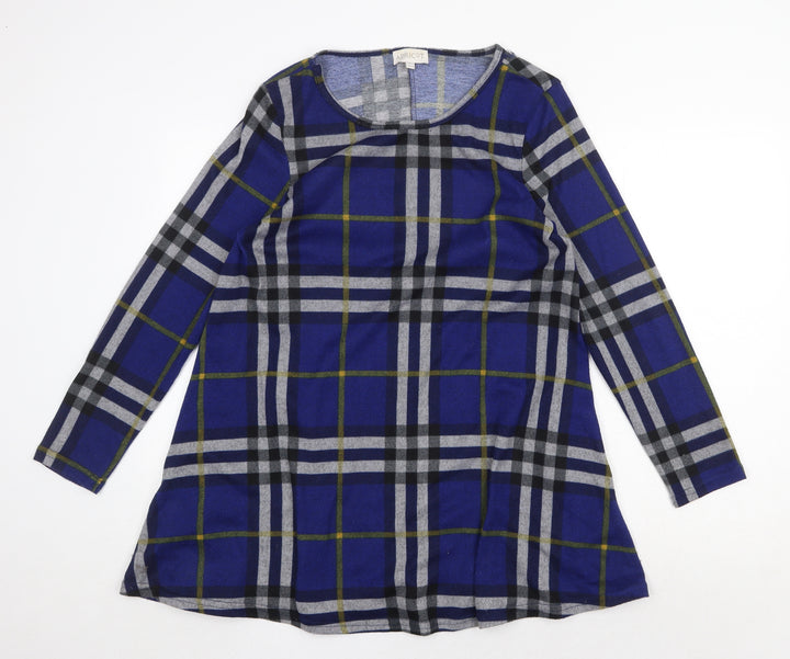 Apricot Womens Blue Plaid Polyester Trapeze & Swing Size 12 Round Neck Pullover