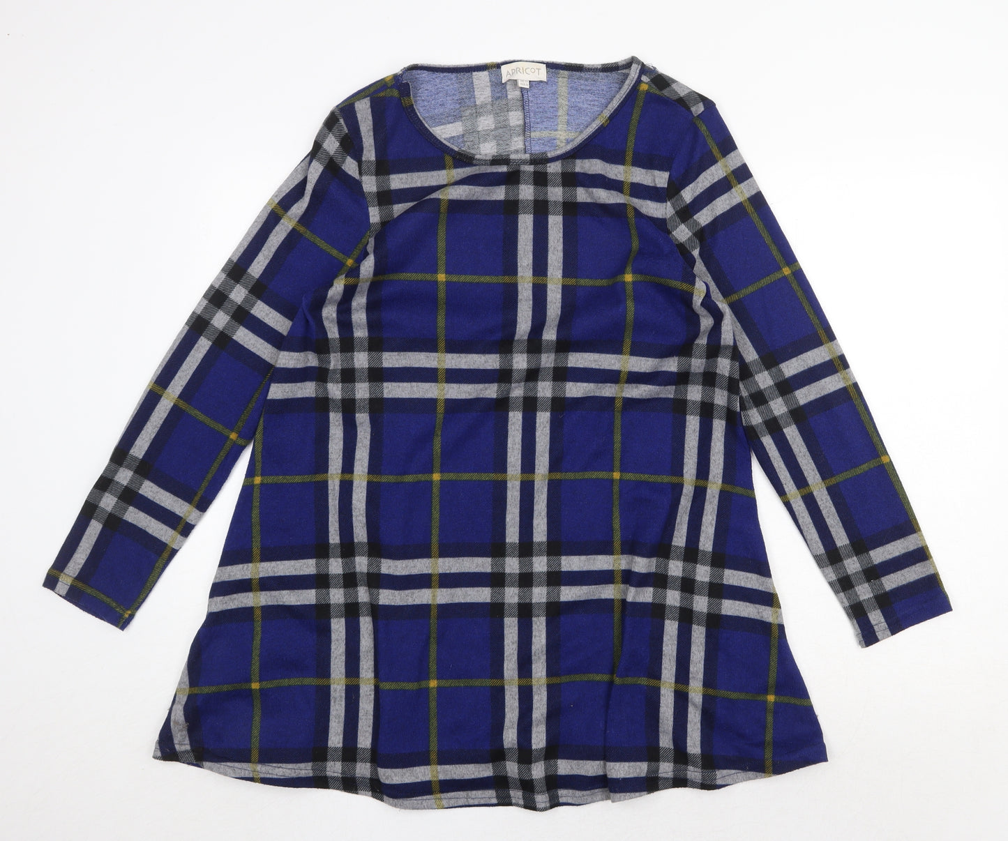 Apricot Womens Blue Plaid Polyester Trapeze & Swing Size 12 Round Neck Pullover