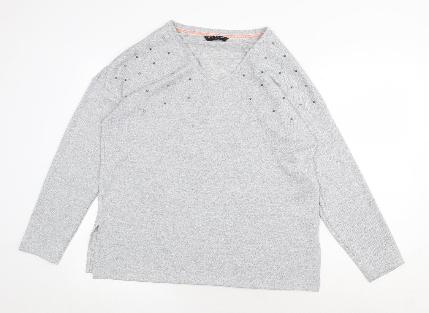 Viz Womens Grey V-Neck Polyester Pullover Jumper Size M