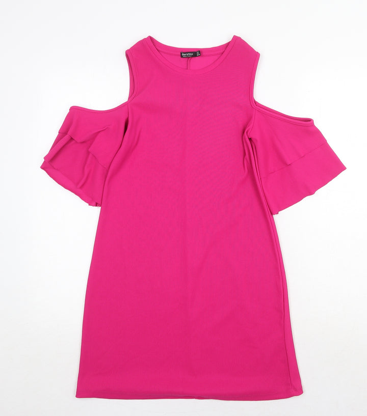 Bershka Womens Pink Polyester A-Line Size S Round Neck Pullover - Cold Shoulder