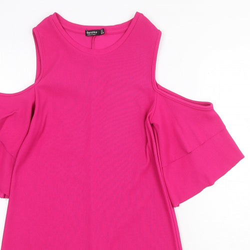 Bershka Womens Pink Polyester A-Line Size S Round Neck Pullover - Cold Shoulder