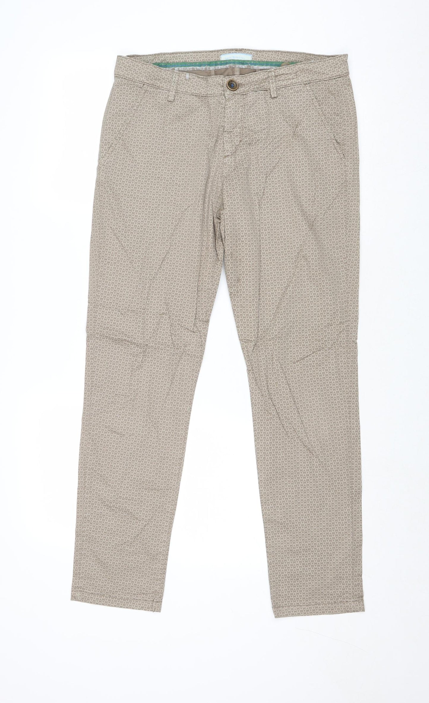 Yam Simmon Womens Beige Geometric Cotton Chino Trousers Size 32 in Regular Zip