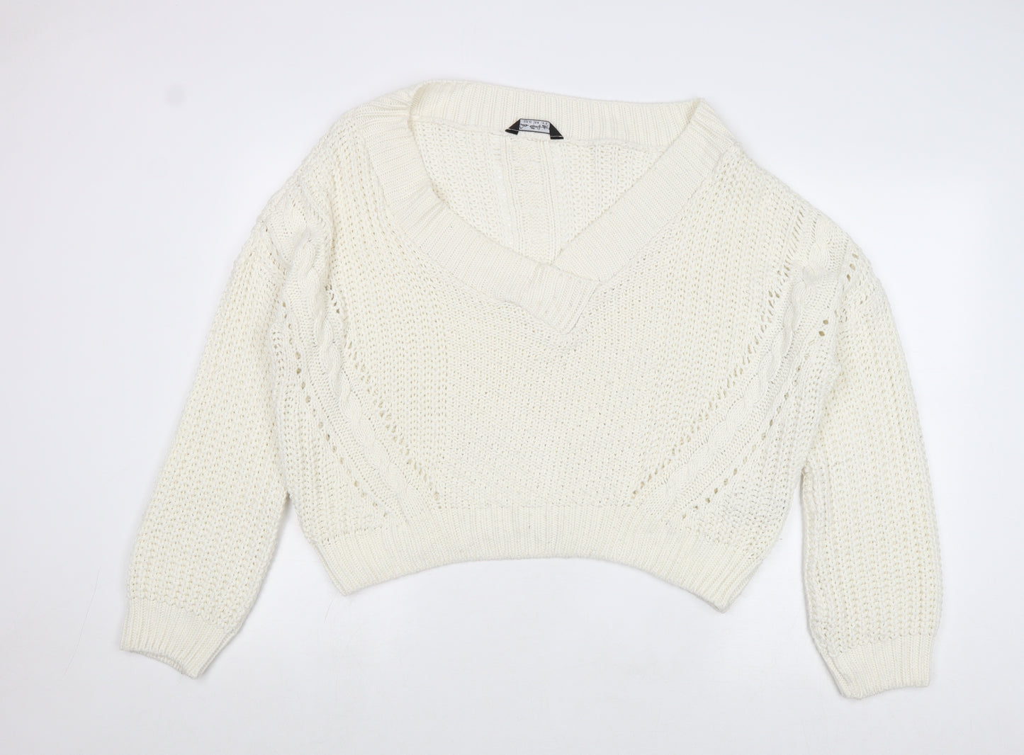 Miss Selfridge Womens Ivory V-Neck Acrylic Pullover Jumper Size 12