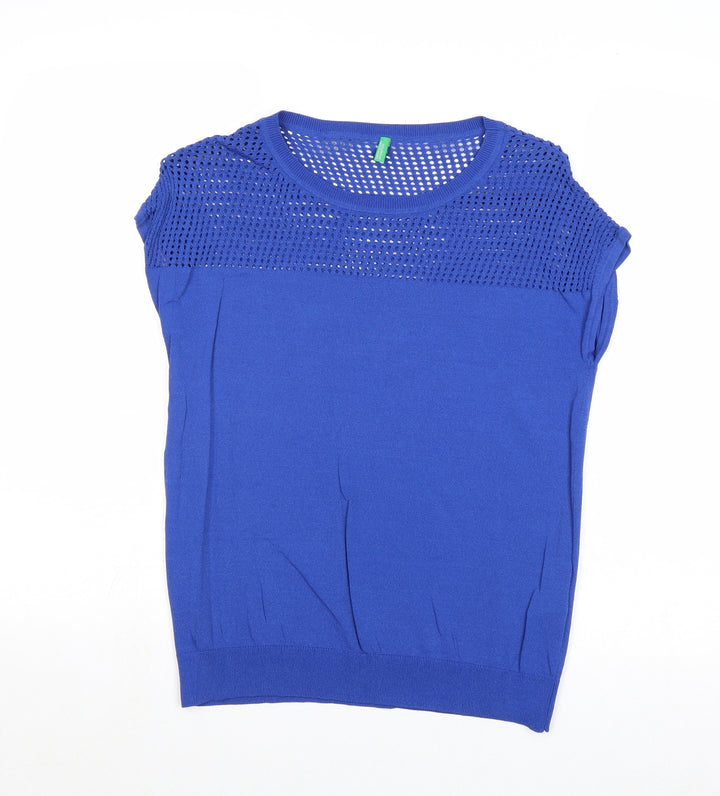 United Colors of Benetton Womens Blue Round Neck Viscose Pullover Jumper Size XS