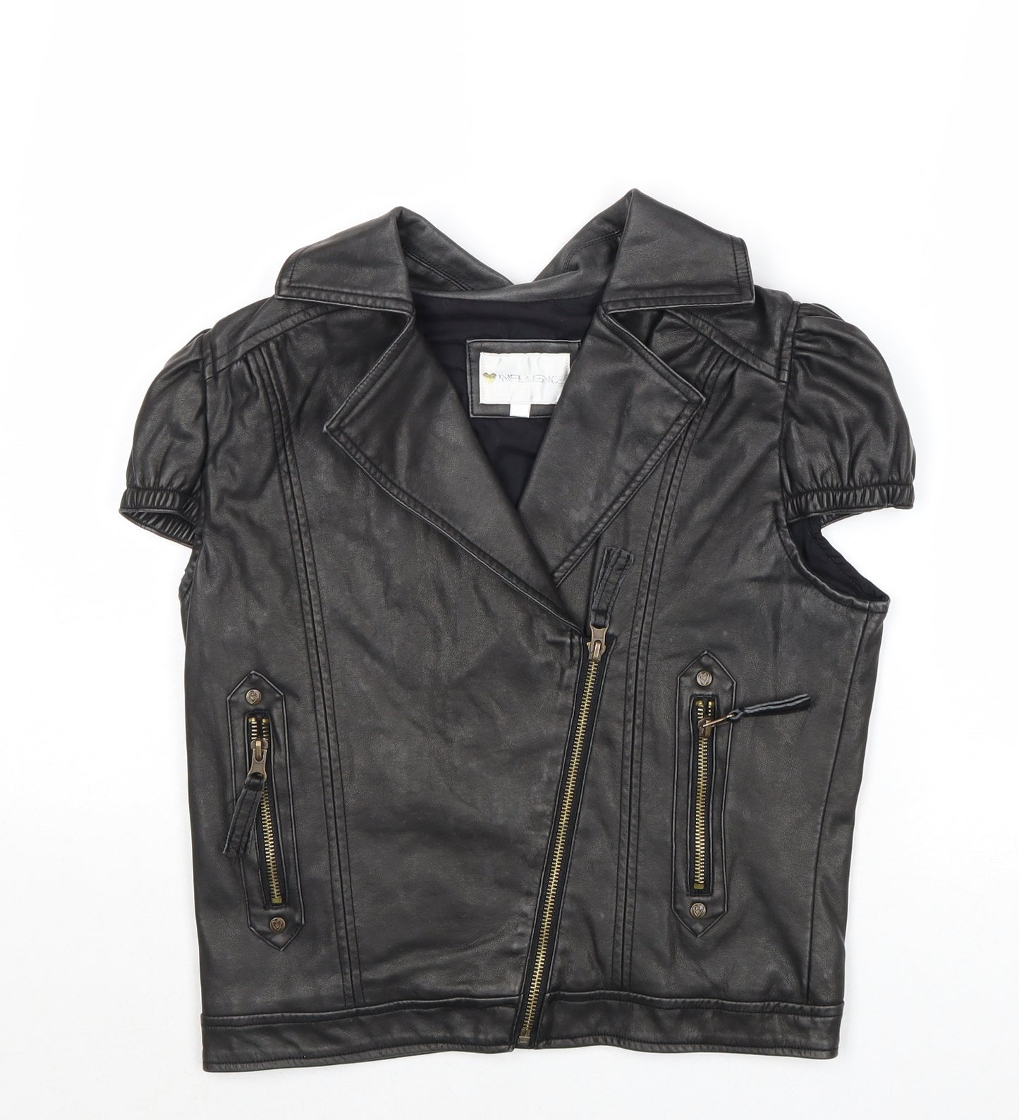 Influence Womens Black Biker Jacket Size 10 Zip - Faux Leather Style